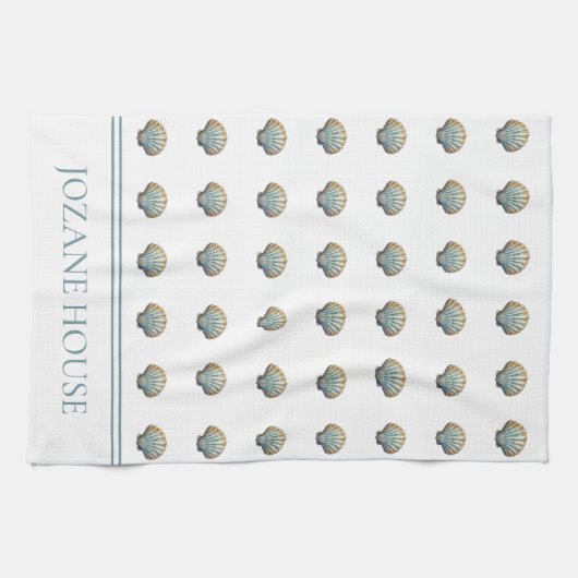Coastal Blue Scallop Seashell Personalized キッチンタオル (横)