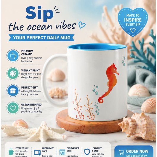 Coastal Blue Seahorse and Coral Watercolor Coffee  ツートーンマグカップ