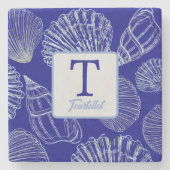 Coastal Blue Seashell Monogram Name Stone Coaster ストーンコースター (正面)