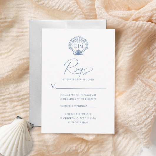 Coastal Blue Seashell Monogram Wedding 出欠カード