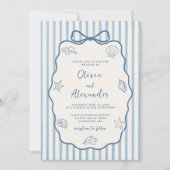 Coastal Blue Stripe Whimsical Hand Drawn Wedding 招待状 (正面)