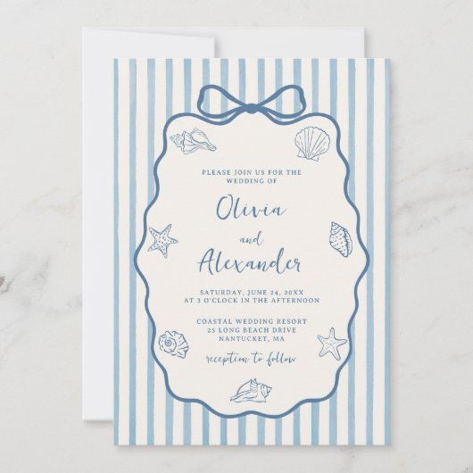 Coastal Blue Stripe Whimsical Hand Drawn Wedding 招待状 (正面)