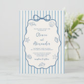 Coastal Blue Stripe Whimsical Hand Drawn Wedding 招待状 (スタンド正面)