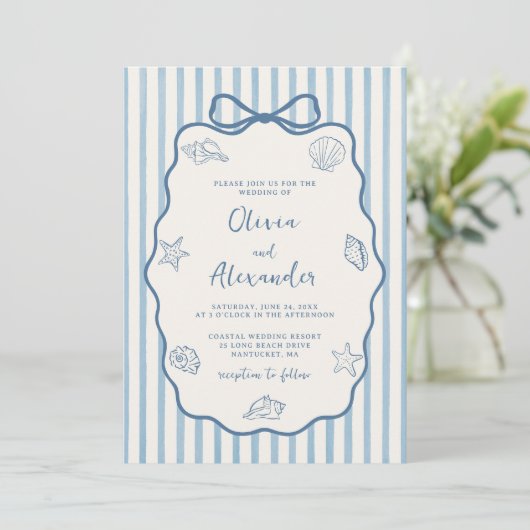 Coastal Blue Stripe Whimsical Hand Drawn Wedding 招待状 (スタンド正面)
