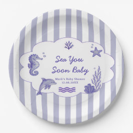 Coastal Blue Striped Sea You Soon Baby Shower ペーパープレート