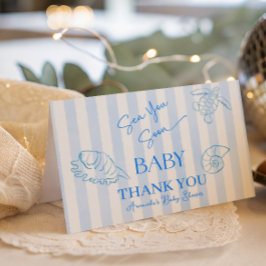 Coastal Blue Stripes Boy Sea You Soon Baby Shower サンキューカード