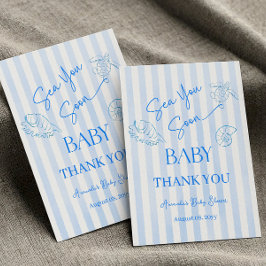 Coastal Blue Stripes Boy Sea You Soon Baby Shower サンキューカード