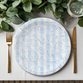 Coastal Blue Stripes Boy Sea You Soon Baby Shower ペーパープレート