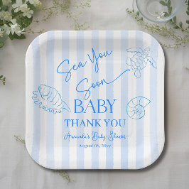 Coastal Blue Stripes Boy Sea You Soon Baby Shower ペーパープレート