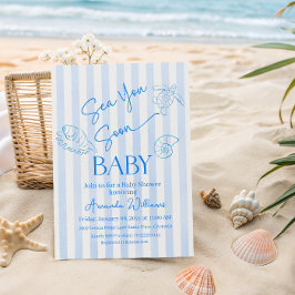 Coastal Blue Stripes Boy Sea You Soon Baby Shower 招待状