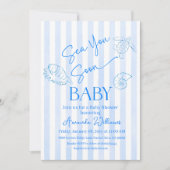 Coastal Blue Stripes Boy Sea You Soon Baby Shower 招待状 (正面)
