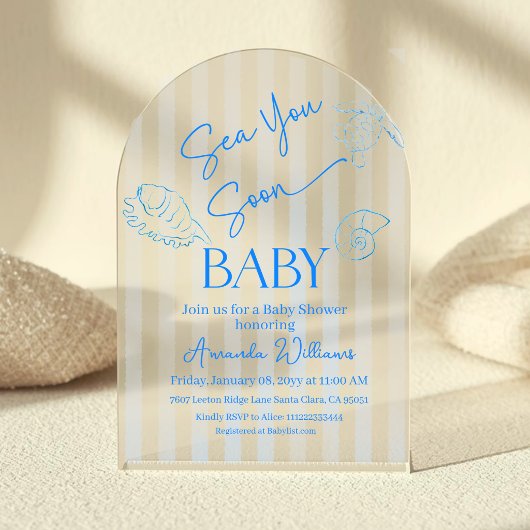Coastal Blue Stripes Sea You Soon Boy Baby Shower アクリル招待状