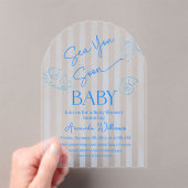 Coastal Blue Stripes Sea You Soon Boy Baby Shower アクリル招待状 (インサイチュ (ポータブル))