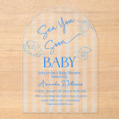 Coastal Blue Stripes Sea You Soon Boy Baby Shower アクリル招待状 (正面)