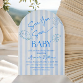 Coastal Blue Stripes Sea You Soon Boy Baby Shower 招待状