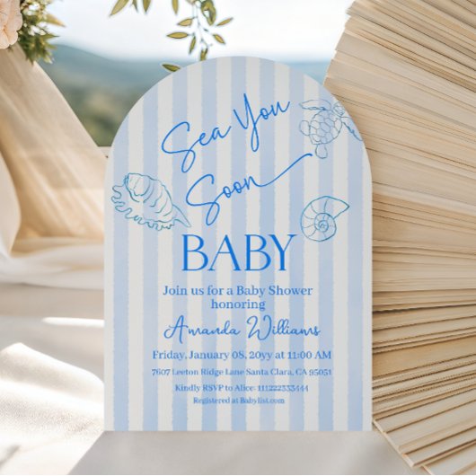 Coastal Blue Stripes Sea You Soon Boy Baby Shower 招待状
