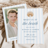 Coastal Blue Stripes Shell Beach Photo Wedding セーブザデート