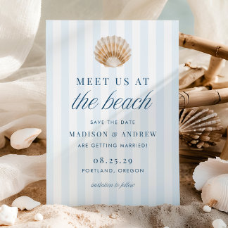 Coastal Blue Stripes Shell Beach Wedding セーブザデート