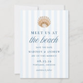 Coastal Blue Stripes Shell Beach Wedding セーブザデート (正面)