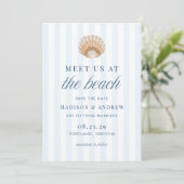 Coastal Blue Stripes Shell Beach Wedding セーブザデート (スタンド正面)