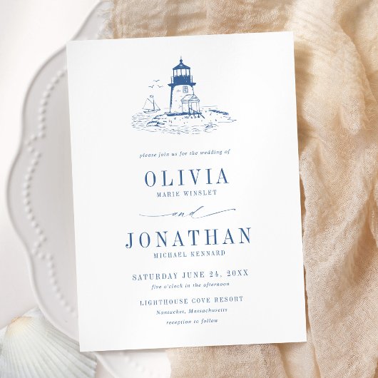 Coastal Blue Toile Lighthouse Wedding 招待状