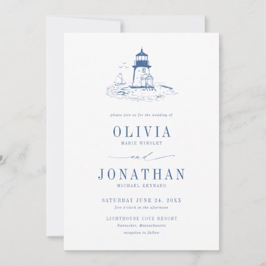 Coastal Blue Toile Lighthouse Wedding 招待状 (正面)