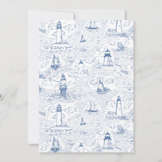 Coastal Blue Toile Lighthouse Wedding 招待状 (裏面)