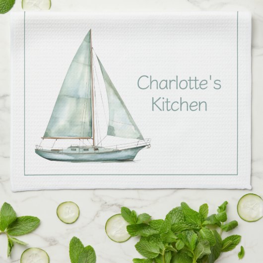 Coastal Blue Watercolor Sailboat Personalized キッチンタオル (折り畳み)