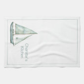 Coastal Blue Watercolor Sailboat Personalized キッチンタオル (横)