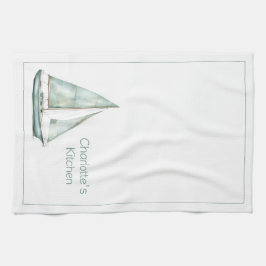 Coastal Blue Watercolor Sailboat Personalized キッチンタオル