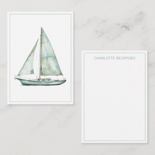 Coastal Blue Watercolor Sailboat Personalized ノートカード (正面/裏面)