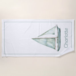 Coastal Blue Watercolor Sailboat Personalized ビーチタオル
