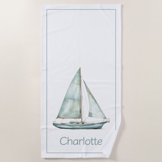 Coastal Blue Watercolor Sailboat Personalized ビーチタオル (正面)