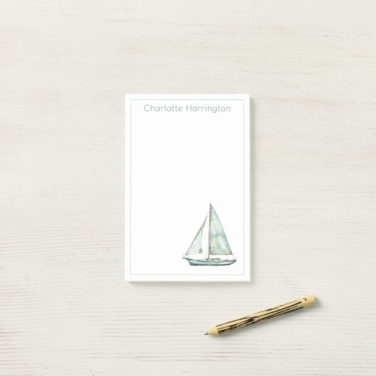 Coastal Blue Watercolor Sailboat Personalized ポストイット (デスク上)