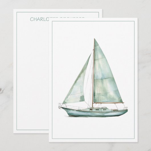 Coastal Blue Watercolor Sailboat Personalized Note ノートカード (正面/裏面)