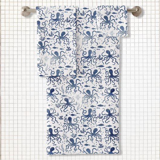 Coastal Blue Watercolor Undersea Octopus Pattern バスタオルセット