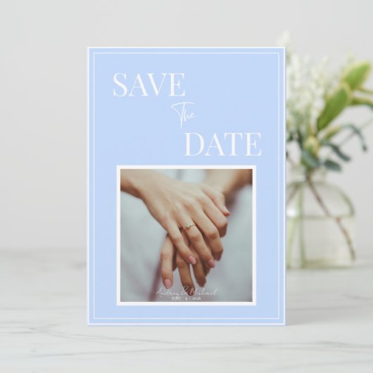 Coastal Blue Wedding Save the Date – Elegant 招待状 (スタンド正面)