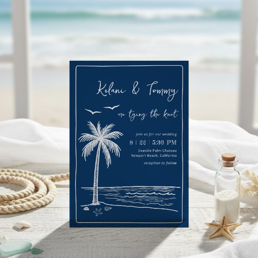 Coastal Blues Palm Tree Beach Wedding 招待状