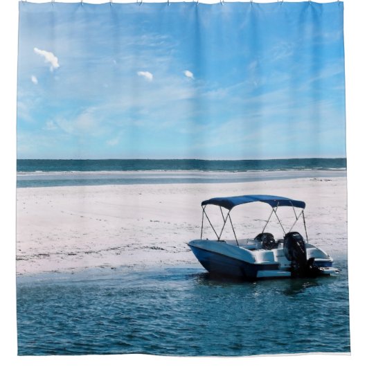 Coastal Boat Wall Art Minimalist Ocean Blue シャワーカーテン (正面)