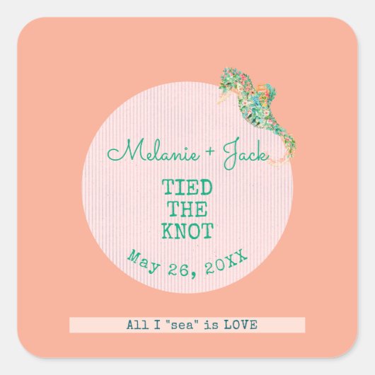 Coastal Bridal Shower Seahorse Stripe スクエアシール (正面)