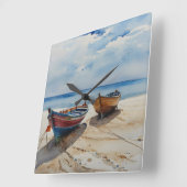 "Coastal Calm" A restful Water Color Boat Seascape スクエア壁時計 (傾斜)