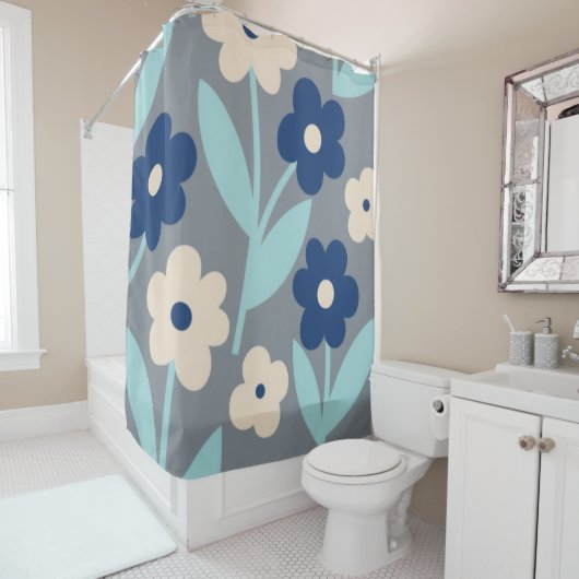 Coastal Calm Florals | Indigo & Turquoise pattern シャワーカーテン (インサイチュ)