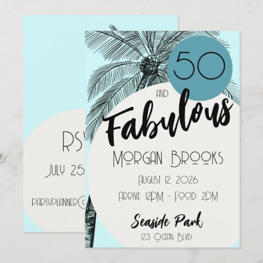 Coastal Chic 50 and Fabulous Birthday Aqua 招待状 (正面/裏面)