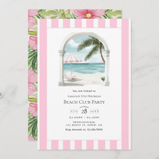 Coastal Chic Beach Club Birthday Party 招待状 (正面/裏面)