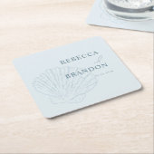 Coastal Chic Blue Hand Drawn Seashell Wedding スクエアペーパーコースター (アングル)