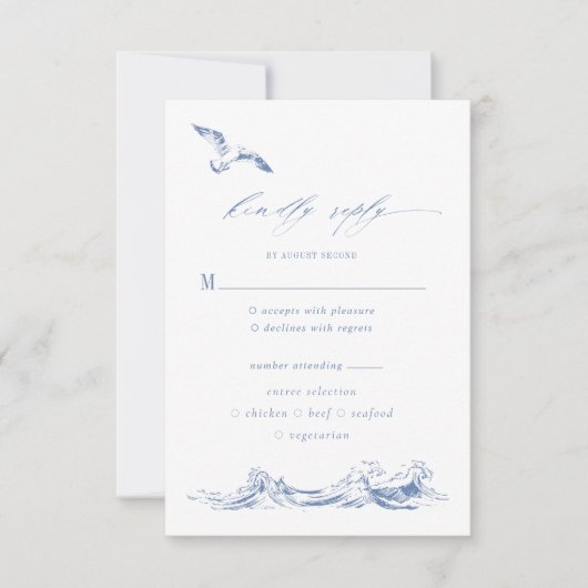 Coastal Chic Blue Meal Options Wedding 出欠カード (正面)