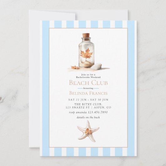 Coastal Chic Fall Beach Club Bachelorette Weekend 招待状 (正面)