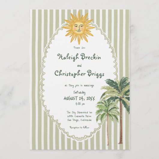 Coastal Chic Sun Palm Tree Wedding 招待状 (正面)