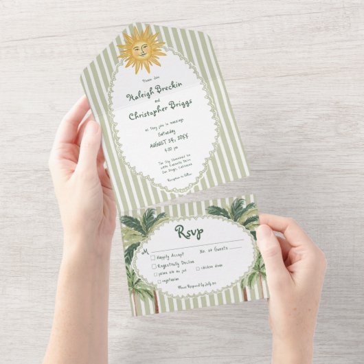 Coastal Chic Sun Palm Tree Wedding Dinner オールインワン招待状 (貼ってはがせる)