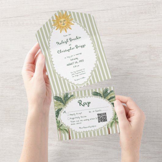 Coastal Chic Sun Palm Tree Wedding QR Code オールインワン招待状 (貼ってはがせる)